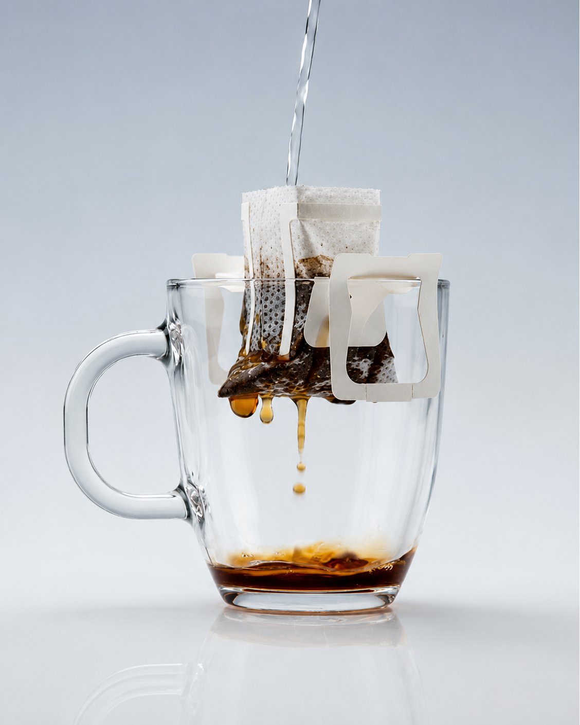 Filtro de café Filtrado colgado sobre una taza de cristal, goteando café recién filtrado